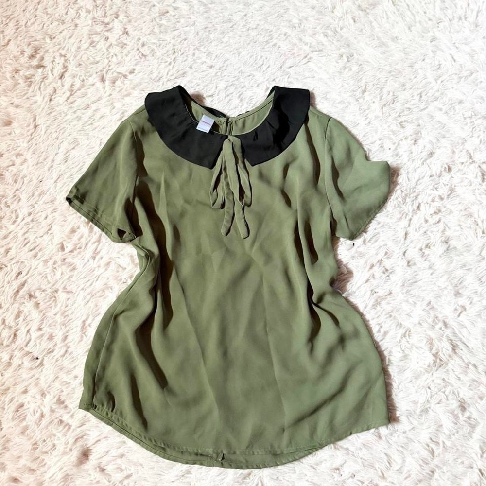 Vintage 90s Flowy Military Peter Pan Collar Preppy Minimalist Edgy Top Womens L